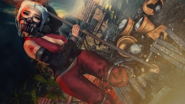Fantasy girl with mask and weapon in post-apocalyptic setting