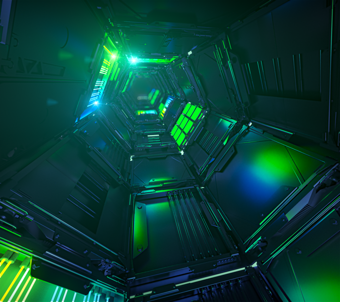 Sci-Fi corridor with green and blue lights