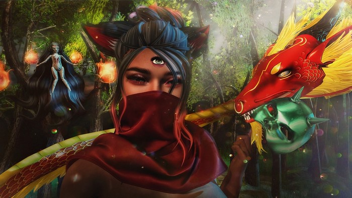 Fantasy girl with dragon staff in forest