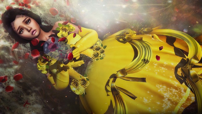 3D fantasy girl in yellow dress with roses