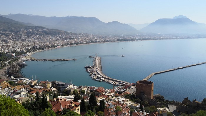 4K Alanya cityscape with harbor and mountains