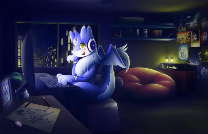Fluffy dragon using a laptop in a room at night