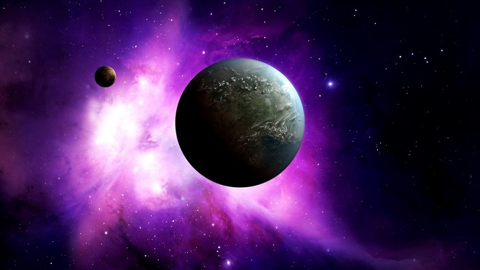Planet and moon in a nebula