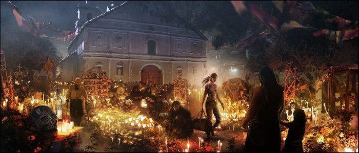 Lara Croft from Shadow of the Tomb Raider in a graveyard