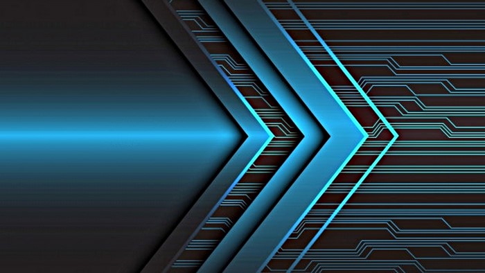 Abstract blue arrows on dark background with circuit pattern