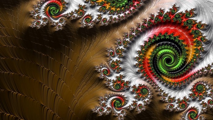 Fractal spiral with vibrant colors and brown texture