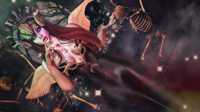 Fantasy girl with horns and wings among skeletons