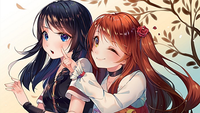 Two anime girls with dark and red hair