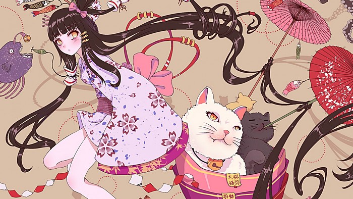 Anime girl with cats and carp streamers