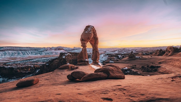 Delicate Arch at Sunset with Snow