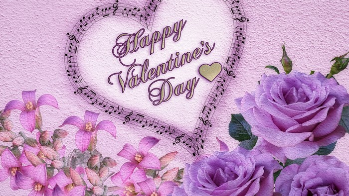 Happy Valentine's Day heart with music notes and roses