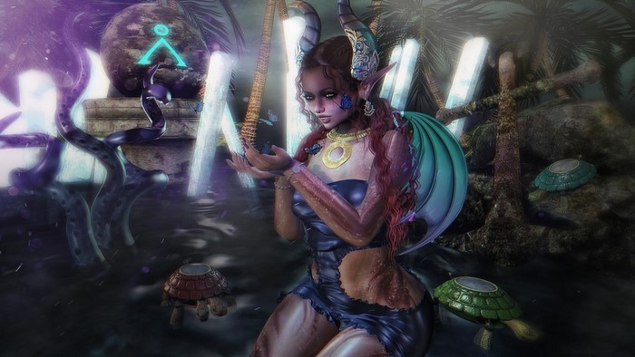 Fantasy girl with horns and wings in a mystical swamp