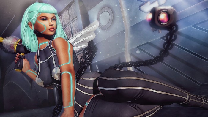 Fantasy girl with futuristic weapon and drone