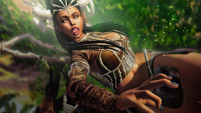 Fantasy girl with bone armor in forest