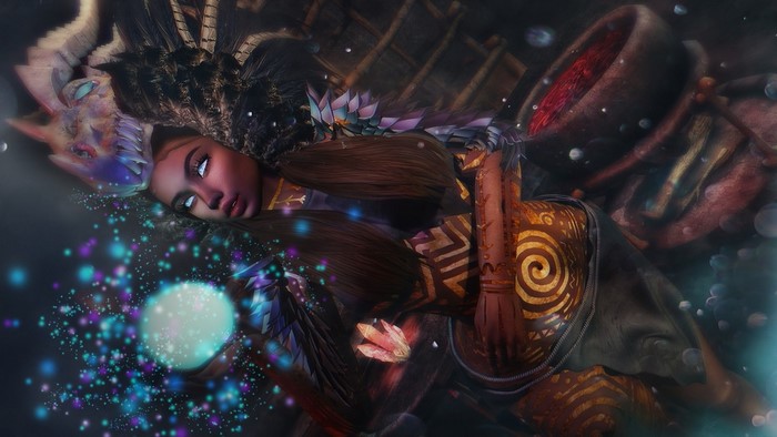 Fantasy girl with dragon mask and glowing orb