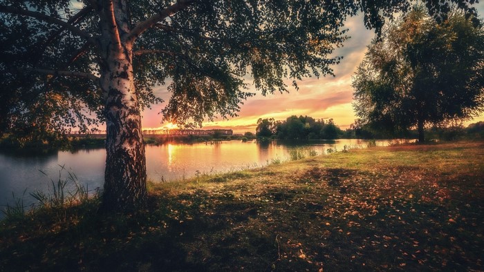 Rural landscape with lake and trees at sunset