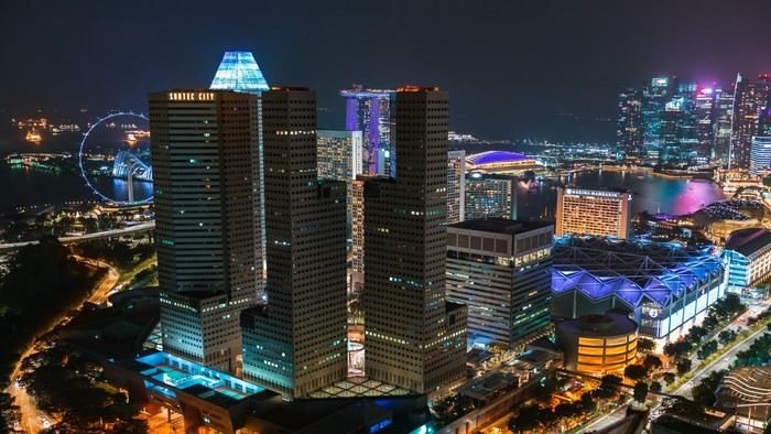 Singapore skyline at night with Marina Bay Sands