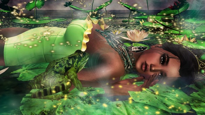 Woman and frog in a lily pond