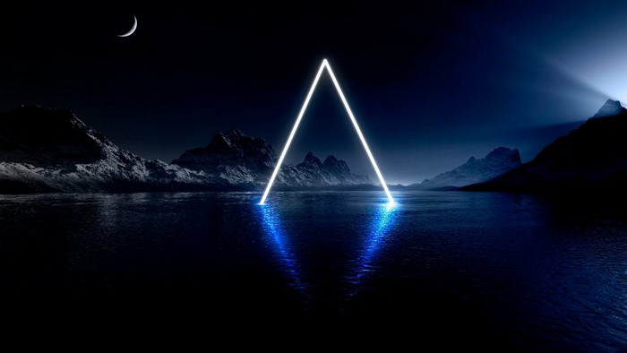 Neon Triangle in a Dark Lake Landscape