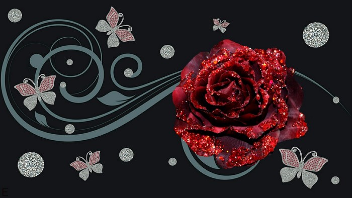 Glittering red rose with butterflies and swirls