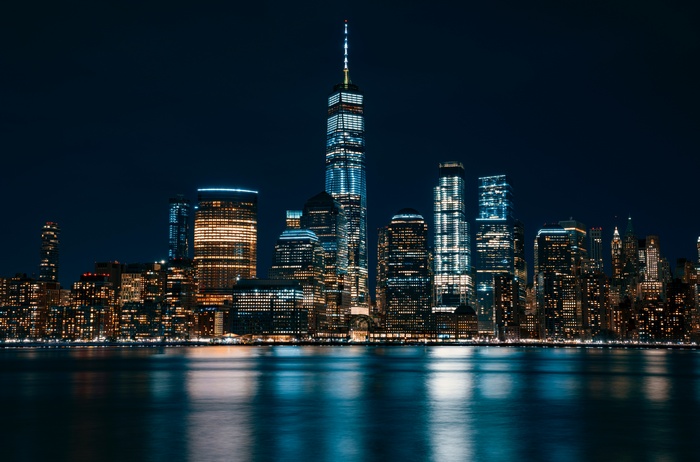 New York City Skyline at Night with Reflections