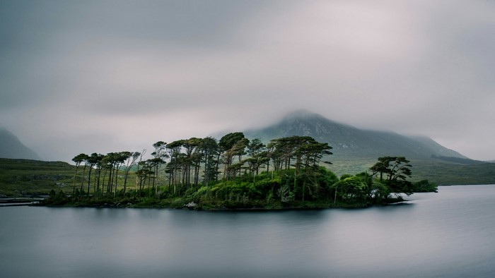 Island with trees in a lake under cloudy sky
