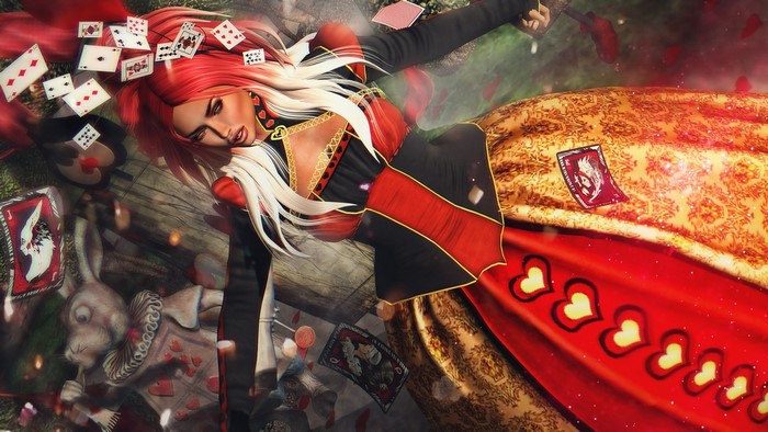 Queen of Hearts with playing cards and white rabbit