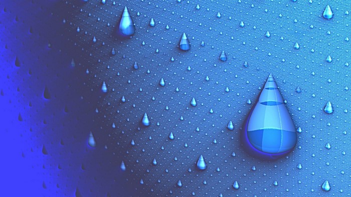 3D rendered water droplets on a blue textured surface