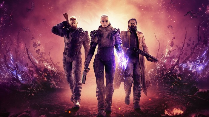 Three characters from Outriders in a desolate landscape