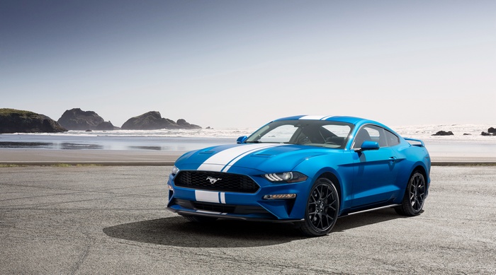 Blue 2019 Ford Mustang Ecoboost with White Stripes
