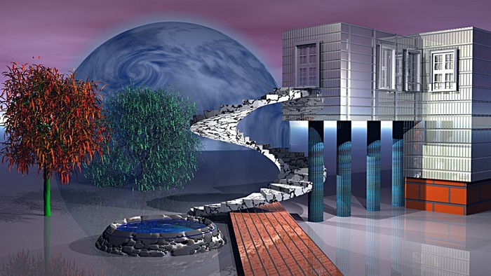 Surreal landscape with glass building and spiral staircase