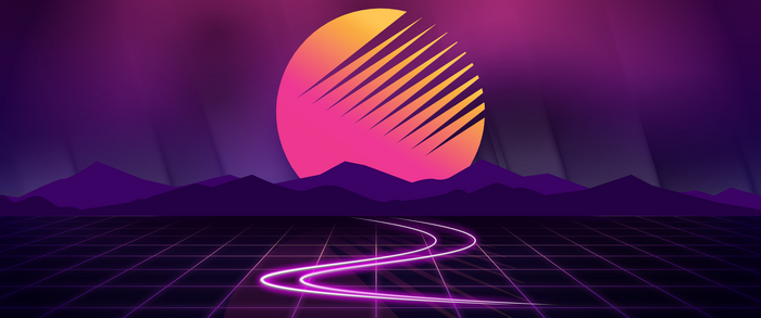 Retro Sunset with Neon Grid and Mountains