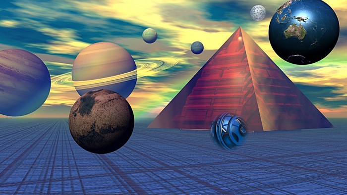 Planets and pyramid in a surreal landscape