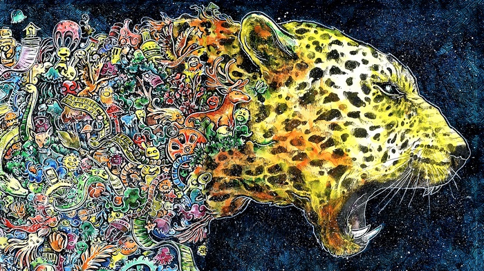 Leopard head with colorful doodle art explosion