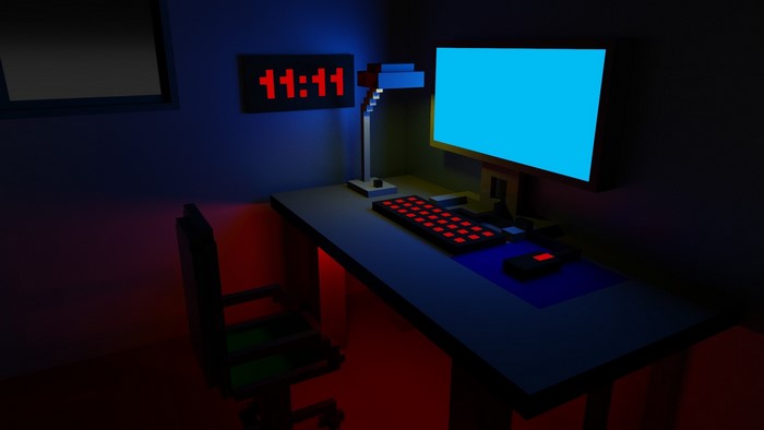 Voxel game table with computer and clock