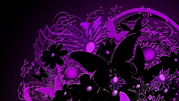 Purple and black abstract butterflies and flowers
