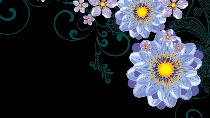 Vector flowers with swirls on black background