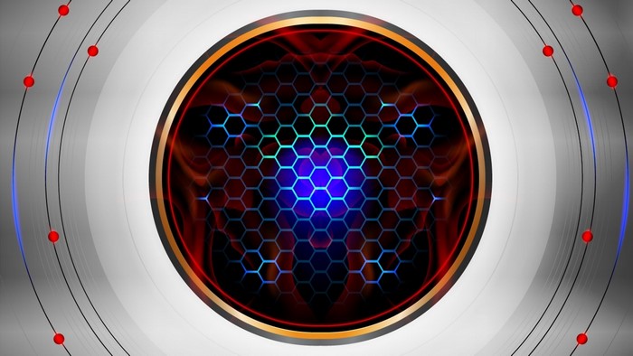 Abstract Metallic Hexagonal Design with Red Orbs