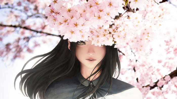 Anime girl with black hair under cherry blossoms
