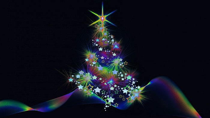 Abstract Christmas Tree with Stars and Rainbow Ribbon