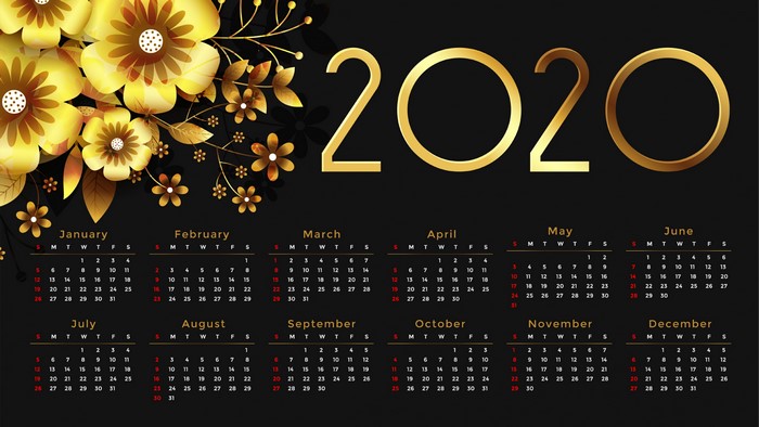2020 Calendar with Golden Flowers