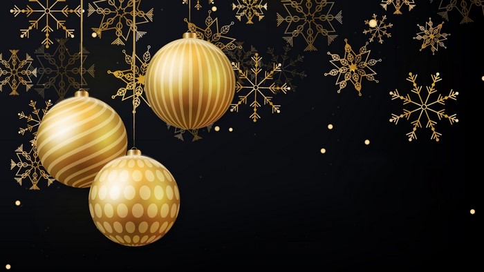 Golden Christmas Ornaments and Snowflakes on Black Background