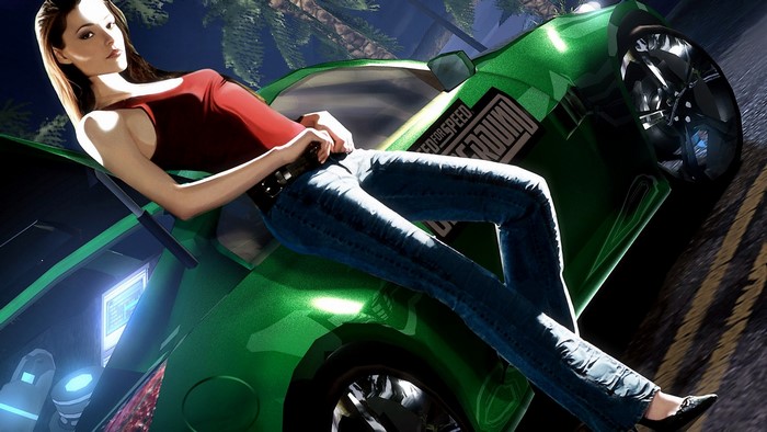Woman leaning on a green Need for Speed: Underground 2 car