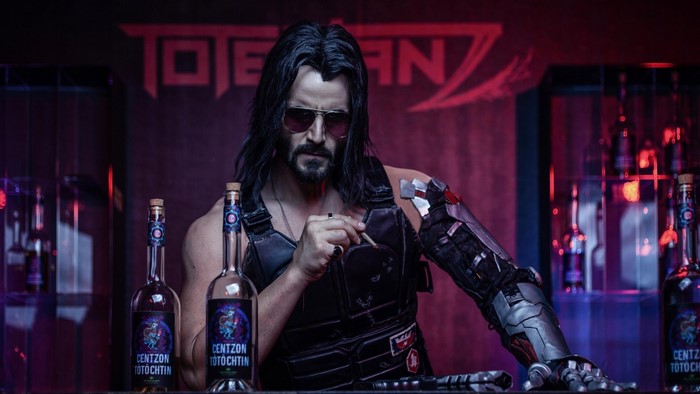 Johnny Silverhand from Cyberpunk 2077 with Centzon Totochtin bottles