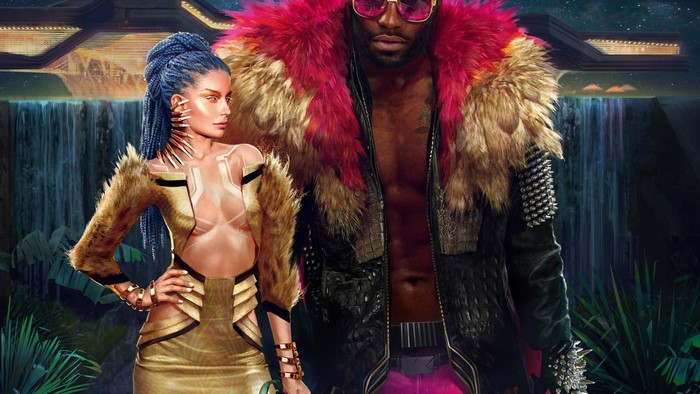 Cyberpunk 2077 characters with futuristic waterfall background
