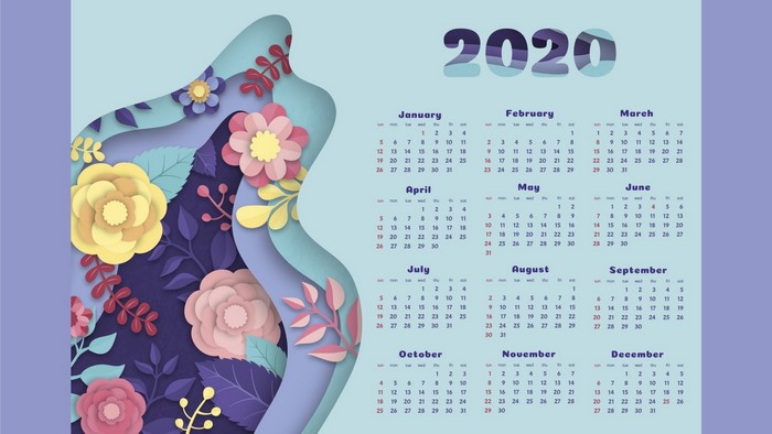 2020 Calendar with Floral Paper Cutouts