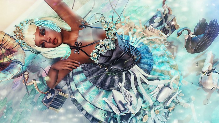 Fantasy girl with swans and music notes