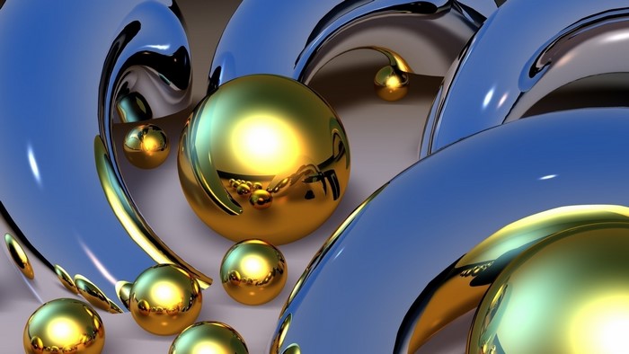 Abstract 3D render of metallic spheres and curves