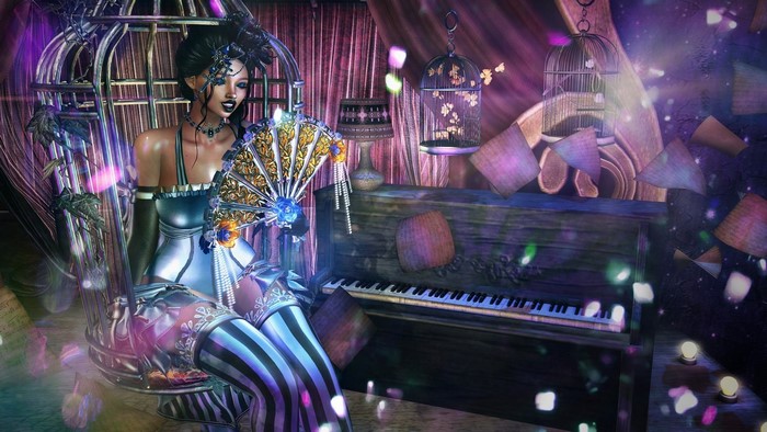 Fantasy girl in a birdcage chair with a fan