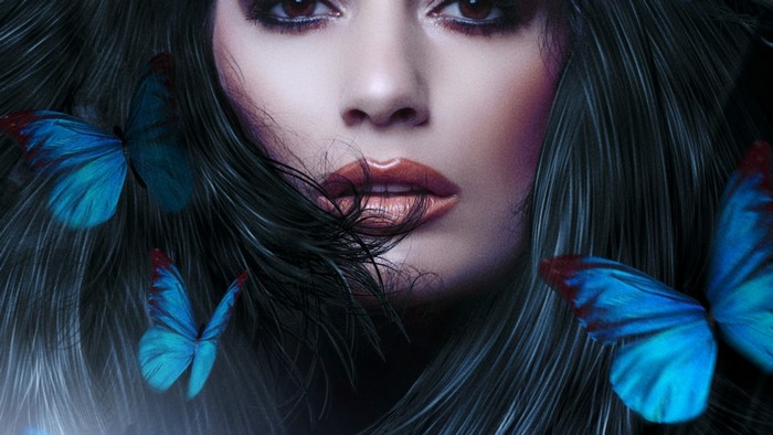 Woman with blue butterflies and dark hair